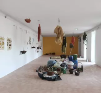 © Natsuko UCHINO. Pech merle, 2020 (installation teinture végétale sur laine) dans le cadre de l'exposition faire communs, MAGCP Cajarc